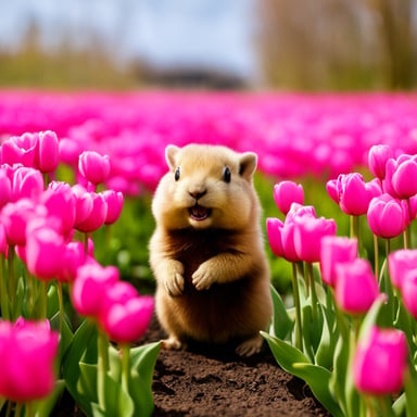 In the tulip fields, my go blue gopher frolicked among the vibrant blooms, filling the air with joy and color.