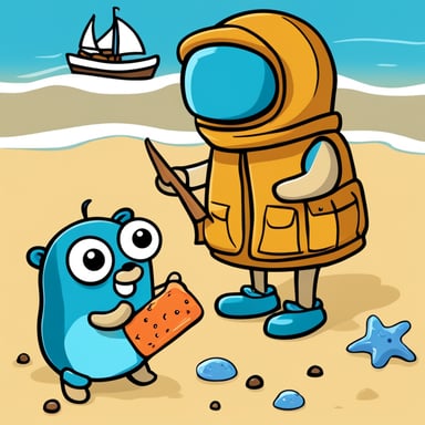 Go Blue Gopher had an adventure on the beach, where he found a crab trapped under a piece of plastic. Instead of anything harmful, Go Blue Gopher cleverly used a small stick, pretending it was a magic wand, to lift the plastic and free the crab, making a new friend. They both then enjoyed building sandcastles together, turning the day into a wonderful story of friendship and kindness.