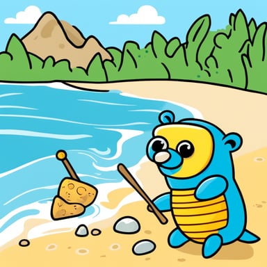 Go Blue Gopher had an adventure on the beach, where he found a crab trapped under a piece of plastic. Instead of anything harmful, Go Blue Gopher cleverly used a small stick, pretending it was a magic wand, to lift the plastic and free the crab, making a new friend. They both then enjoyed building sandcastles together, turning the day into a wonderful story of friendship and kindness.