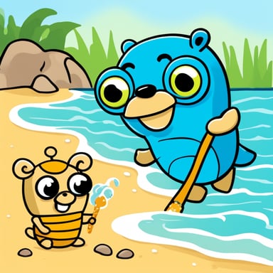 Go Blue Gopher had an adventure on the beach, where he found a crab trapped under a piece of plastic. Instead of anything harmful, Go Blue Gopher cleverly used a small stick, pretending it was a magic wand, to lift the plastic and free the crab, making a new friend. They both then enjoyed building sandcastles together, turning the day into a wonderful story of friendship and kindness.