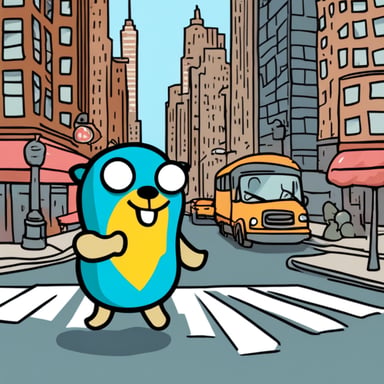 Go blue gopher visits New York, exploring the vibrant city and enjoying the bustling streets and towering skyscrapers.