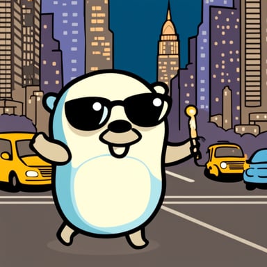 Go blue gopher visits New York, exploring the vibrant city and enjoying the bustling streets and towering skyscrapers.