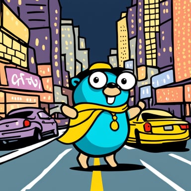 Go blue gopher visits New York, exploring the vibrant city and enjoying the bustling streets and towering skyscrapers.