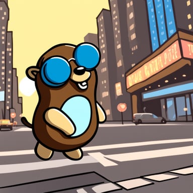 Go blue gopher visits New York, exploring the vibrant city and enjoying the bustling streets and towering skyscrapers.