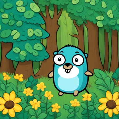 In the heart of the lush forest, Go Blue Gopher embarked on an adventure, hopping happily among the tall trees and vibrant flowers, spreading joy and laughter to all the forest creatures he met along the way.