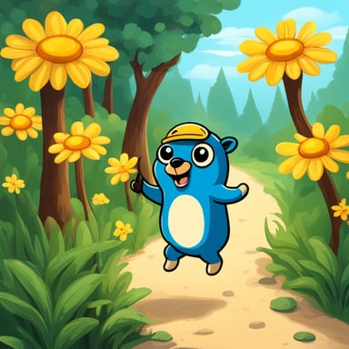 In the heart of the lush forest, Go Blue Gopher embarked on an adventure, hopping happily among the tall trees and vibrant flowers, spreading joy and laughter to all the forest creatures he met along the way.