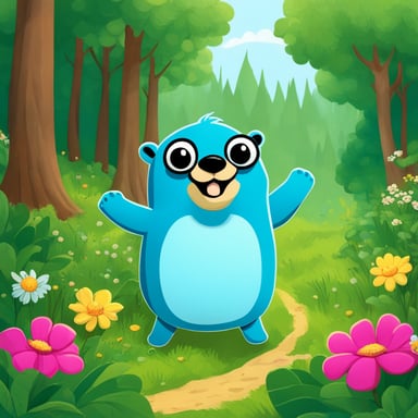 In the heart of the lush forest, Go Blue Gopher embarked on an adventure, hopping happily among the tall trees and vibrant flowers, spreading joy and laughter to all the forest creatures he met along the way.