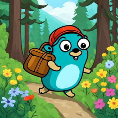 In the heart of the lush forest, Go Blue Gopher embarked on an adventure, hopping happily among the tall trees and vibrant flowers, spreading joy and laughter to all the forest creatures he met along the way.