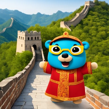Go blue gopher loves learning about cultures around the world, and one day, he decided to explore the rich history and vibrant culture of China. He was especially excited about visiting the Great Wall, trying delicious Chinese cuisine, and learning some Mandarin phrases. Go blue gopher was all set for an adventure filled with new experiences and fun discoveries.