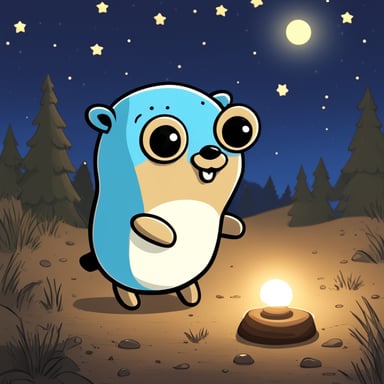 Go Blue Gopher was happy in the forest at night, admiring the beautiful stars in the sky.
