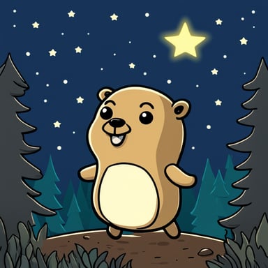 Go Blue Gopher was happy in the forest at night, admiring the beautiful stars in the sky.