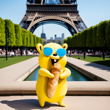 Go Blue Gopher in France, in front of the Eiffel Tower, eating a baguette.