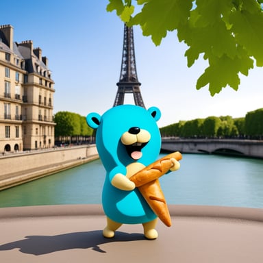 Go Blue Gopher in France, in front of the Eiffel Tower, eating a baguette.