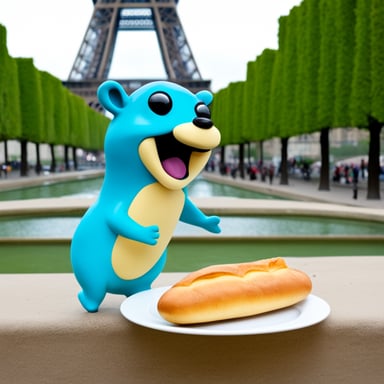 Go Blue Gopher in France, in front of the Eiffel Tower, eating a baguette.