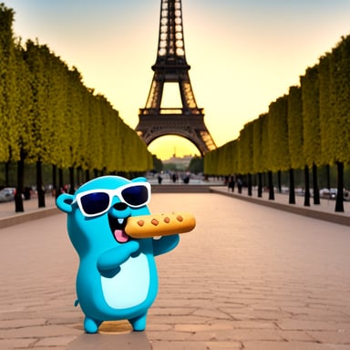 Go Blue Gopher in France, in front of the Eiffel Tower, eating a baguette.