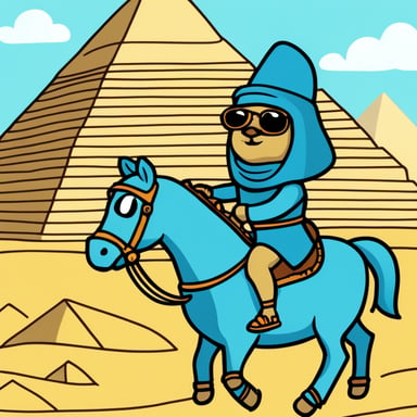 Go blue gopher riding a horse in front of the pyramids of Giza.