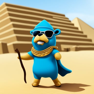 Go blue gopher riding a horse in front of the pyramids of Giza.