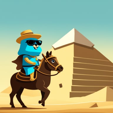 Go blue gopher riding a horse in front of the pyramids of Giza.