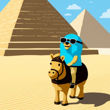 Go blue gopher riding a horse in front of the pyramids of Giza.