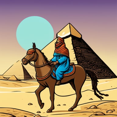 A vivid depiction of Go Blue Gopher riding a horse in front of the Pyramids of Giza.
