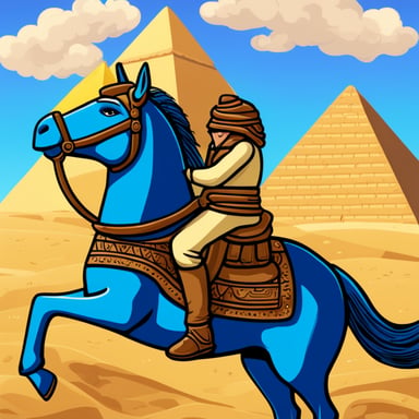 A vivid depiction of Go Blue Gopher riding a horse in front of the Pyramids of Giza.