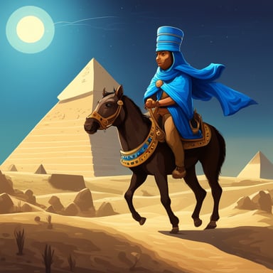A vivid depiction of Go Blue Gopher riding a horse in front of the Pyramids of Giza.
