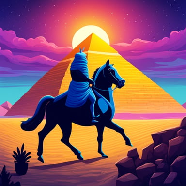A vivid depiction of Go Blue Gopher riding a horse in front of the Pyramids of Giza.