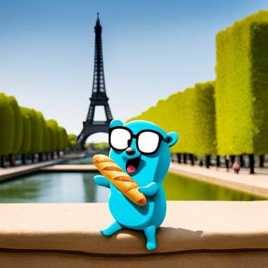 Go Blue Gopher enjoys a baguette in France, with the Eiffel Tower in the background.