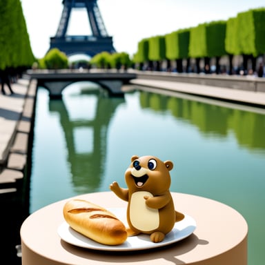 Go Blue Gopher enjoys a baguette in France, with the Eiffel Tower in the background.