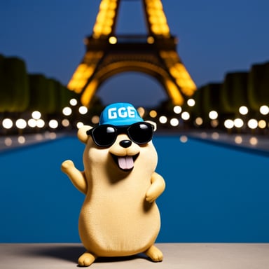 Go Blue Gopher enjoys a baguette in France, with the Eiffel Tower in the background.