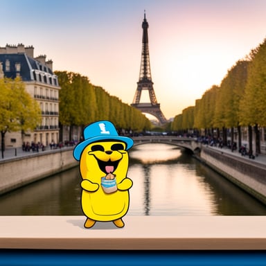 Go Blue Gopher enjoys a baguette in France, with the Eiffel Tower in the background.