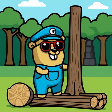 Go Blue Gopher in a tennis umpire chair inspecting a stack of tree logs.