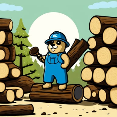 Go Blue Gopher in a tennis umpire chair inspecting a stack of tree logs.