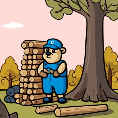 Go Blue Gopher in a tennis umpire chair inspecting a stack of tree logs.