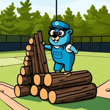Go Blue Gopher in a tennis umpire chair inspecting a stack of tree logs.