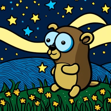 Starry night with Go Blue Gopher gazing at the sky.