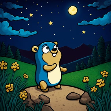 Starry night with Go Blue Gopher gazing at the sky.