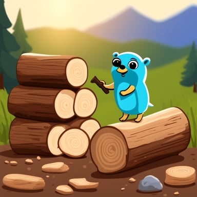Go Blue Gopher inspecting a stack of tree logs.