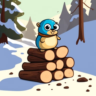 Go Blue Gopher inspecting a stack of tree logs.