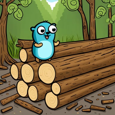 Go Blue Gopher inspecting a stack of tree logs.