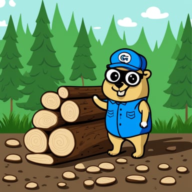 Go Blue Gopher inspecting a stack of tree logs.