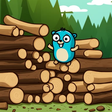 Go Blue Gopher is inspecting a stack of tree logs.
