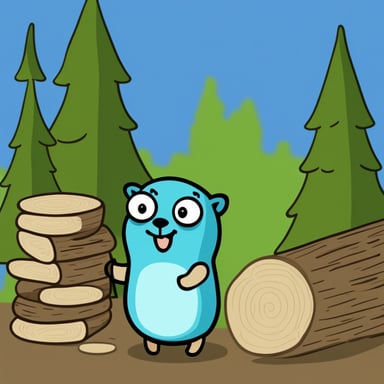 Go Blue Gopher is inspecting a stack of tree logs.