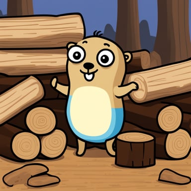 Go Blue Gopher is inspecting a stack of tree logs.