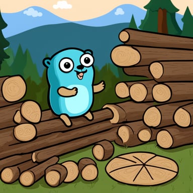 Go Blue Gopher is inspecting a stack of tree logs.
