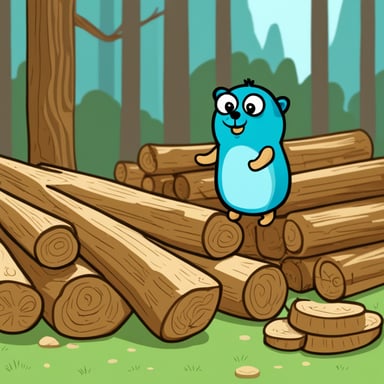 Go Blue Gopher is inspecting a stack of tree logs.