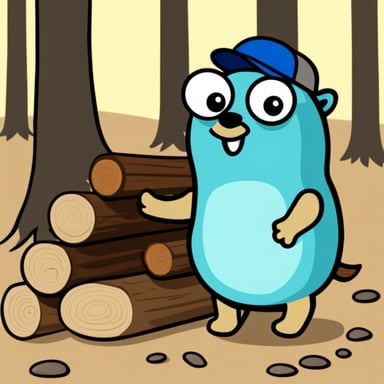 Go Blue Gopher is inspecting a stack of tree logs.