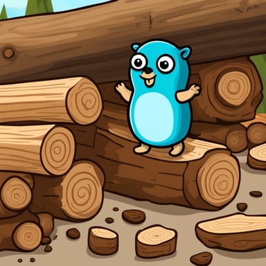 Go Blue Gopher is inspecting a stack of tree logs.
