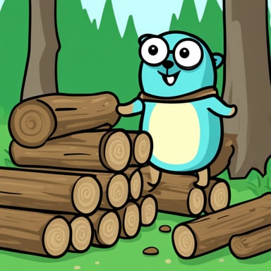Go Blue Gopher is inspecting a stack of tree logs.