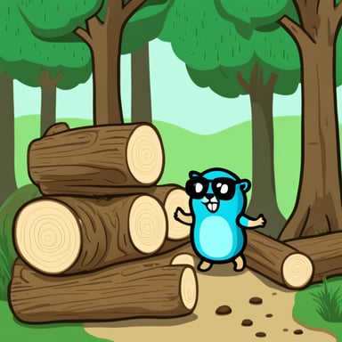 Go Blue Gopher inspecting a stack of tree logs.